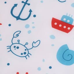 A fabric pattern featuring blue anchors, red ships, blue crabs, and blue snails on a white background.