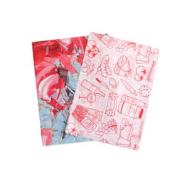 A set of two Kraft paper sheets, one with a red and blue abstract pattern and the other featuring red line drawings of food items.