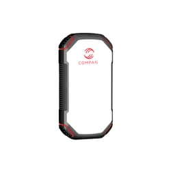A rugged black and white power bank with red accents and a logo, designed for outdoor use.