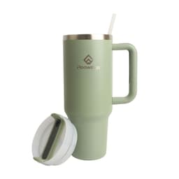 A drink bottle in light green with a stainless steel lid and straw, featuring a handle and a logo.