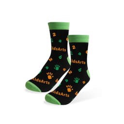 Custom patterned woven bamboo socks featuring a black background, green details, and playful orange motifs.