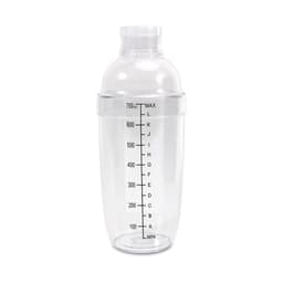A drink bottle featuring a clear design, shaker top, and measurement markings along the side. It includes a filter top and has a logo.