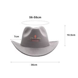 A grey felt cowboy hat with a wide brim and a branded logo, measuring 36 cm wide and 10.5 cm tall.