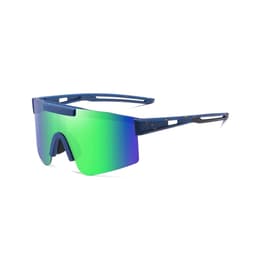 Frameless sports sunglasses featuring a blue frame and reflective green-purple lenses. Includes a logo on the side.