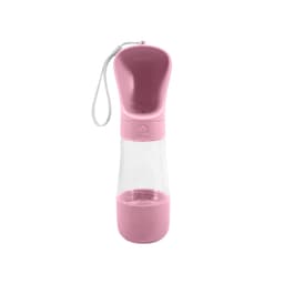 A pink drink bottle with a built-in food container and a matching strap. It features a logo on the side.