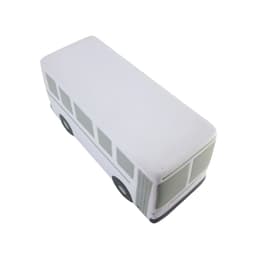 A white stress reliever shaped like a city bus, featuring windows and wheels, with a simple design.