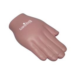 A pink palm-shaped stress reliever with a logo, designed for stress relief and relaxation.
