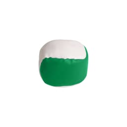 A green and white Hacky Sack with a smooth, rounded shape and a logo on one side.