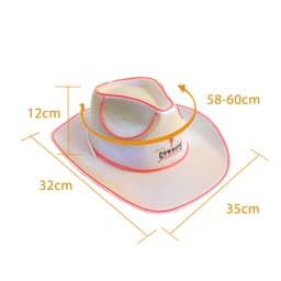 A light-up cowboy hat in white with pink trim, featuring a logo and specific measurements displayed.