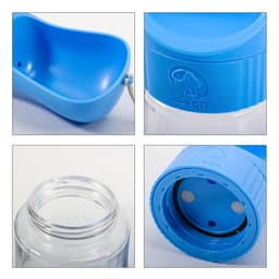 A blue pet water bottle with an attached food container, featuring a logo and a clear reservoir.
