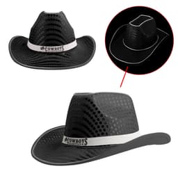 A black sequin cowboy hat featuring a white band and a logo, showing a light-up design in the inset.