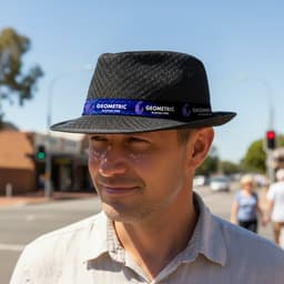 A black mesh top hat with a blue and black branded band, worn by a man in a sunny street setting.