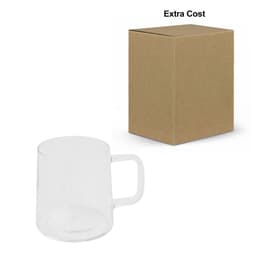 A clear glass mug with a handle, displayed next to a plain brown box.