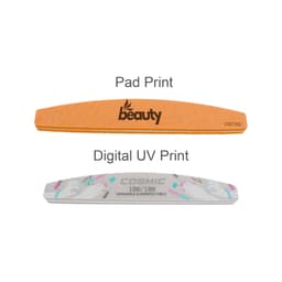 A Sponge Half Moon Shape Nail File in orange with a logo and a white file featuring colourful designs.