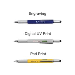 A multi-function pen collection featuring blue, silver, and yellow pens, each with different printing techniques, and a logo.