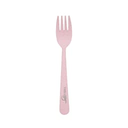 A pink fork made from eco-friendly material, featuring a logo.