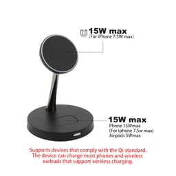 A black MagSafe 2-In-1 wireless charger with a circular pad and upright stand for phones and earbuds.