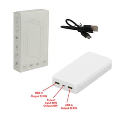 A white power bank with USB-A and Type-C ports, accompanied by a charging cable and a box. Features full colour print.