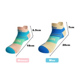 A pair of no-show running socks in pastel shades, featuring blue and peach accents, with a logo on each sock.