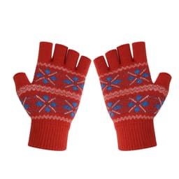 Fingerless gloves in red with a blue and white floral jacquard pattern, featuring an embroidered logo.