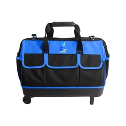 A wheeled tool bag in black and blue with several exterior pockets and a retractable handle. It features a logo.