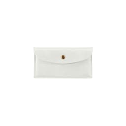 A white PU leather glasses pouch with a snap closure and a gold button detail, featuring a smooth finish.