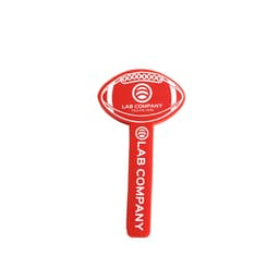 A red promotional cheer stick shaped like a rugby ball, featuring a logo and text.