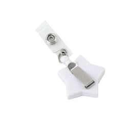 A white star-shaped retractable card holder with a clip and a badge reel.