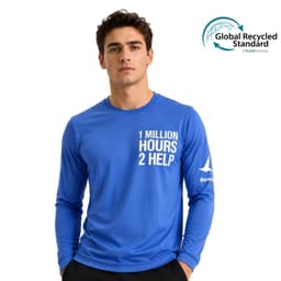 A blue unisex long-sleeve shirt with a crew neck, featuring a logo and text on the front.