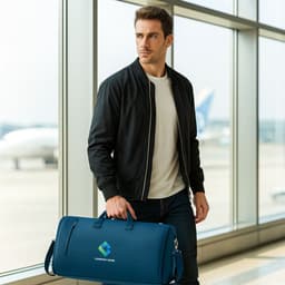 A man in a black bomber jacket carries a blue convertible duffel garment bag, with an airline background.