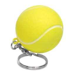 A yellow tennis ball stress item attached to a metal keyring. The ball features white markings and a shiny finish.