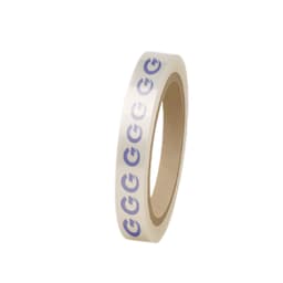 A roll of transparent packing tape with blue logos printed in a repeating pattern on it.