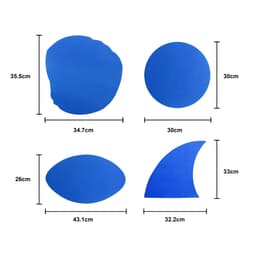 A collection of blue foam mitt shapes with various dimensions displayed on a white background.