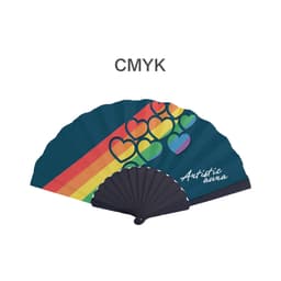 A paper hand-held fan with a blue background, featuring rainbow hearts and a black handle. It has a logo.