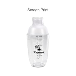 A drink bottle in clear plastic with a domed lid and a black logo, featuring measurement markings on the side.