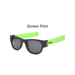 A pair of sunglasses with black frames and bright green arms, featuring a logo on one arm.