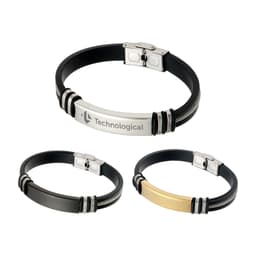 A set of three Buckle Latch Silica Silver Bracelets in silver, black, and gold, each with a logo.