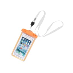 A waterproof phone bag in orange with a transparent front, featuring a strap for easy carrying.