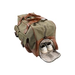 A vintage canvas duffle bag in green and brown with a separate compartment for shoes. Features leather accents and handles.
