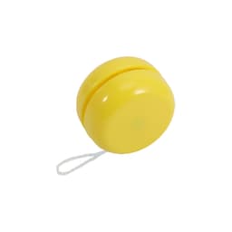 A yellow yoyo with a smooth surface and a white string attached. It features a simple round design.