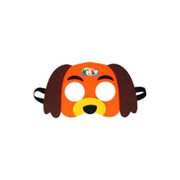 A dog-shaped felt mask in orange, brown, and yellow with cut-out eye holes and an attached elastic band.