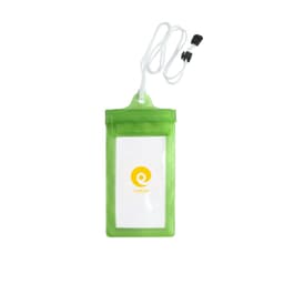 A waterproof phone bag in bright green, featuring a neck string and a logo. Suitable for keeping items dry.
