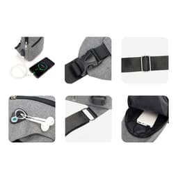 A grey travel sling chest bag with a buckle, phone, earbuds, and an interior pocket for small items.