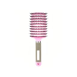 A pink detangler bristle hairbrush with a textured handle and black bristles, featuring a logo on the handle.