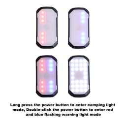 A power bank featuring multiple LED lights in white, red, and blue, with a rugged design and a logo.