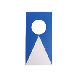 A blue and white Mini Cornhole Game Board with a triangular design and a circular hole at the top.