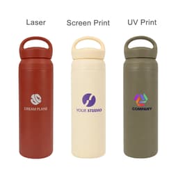 A drink bottle trio in red, cream, and olive green, featuring handles and various branding options.