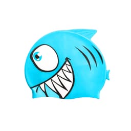 A silicone swim cap in blue featuring a playful fish design with a smiling face and sharp teeth.