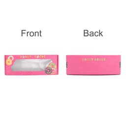 A large pink gift box with a rectangular window, featuring a playful donut design and a logo.