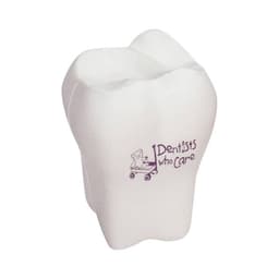 A white tooth-shaped stress reliever with a logo on the front, designed as a fun item for stress relief.